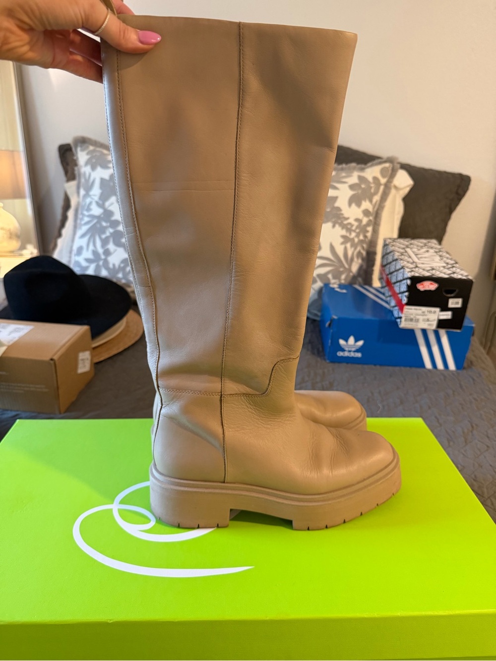 Sam Edelman Beige Tall Leather Moto Boots with Chunky Lug Sole
